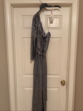 One-Shoulder Silver Sequin Evening Dress